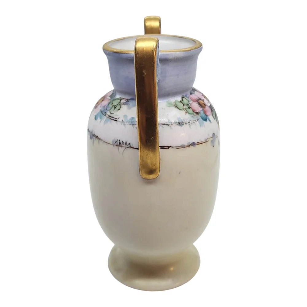 Antique Nippon Noritake Hand Painted Floral Vase Gold Trim Twin Handle 6